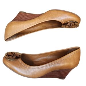Tory Burch Sally Wedge Pumps - Tan Leather, Size 9.5M